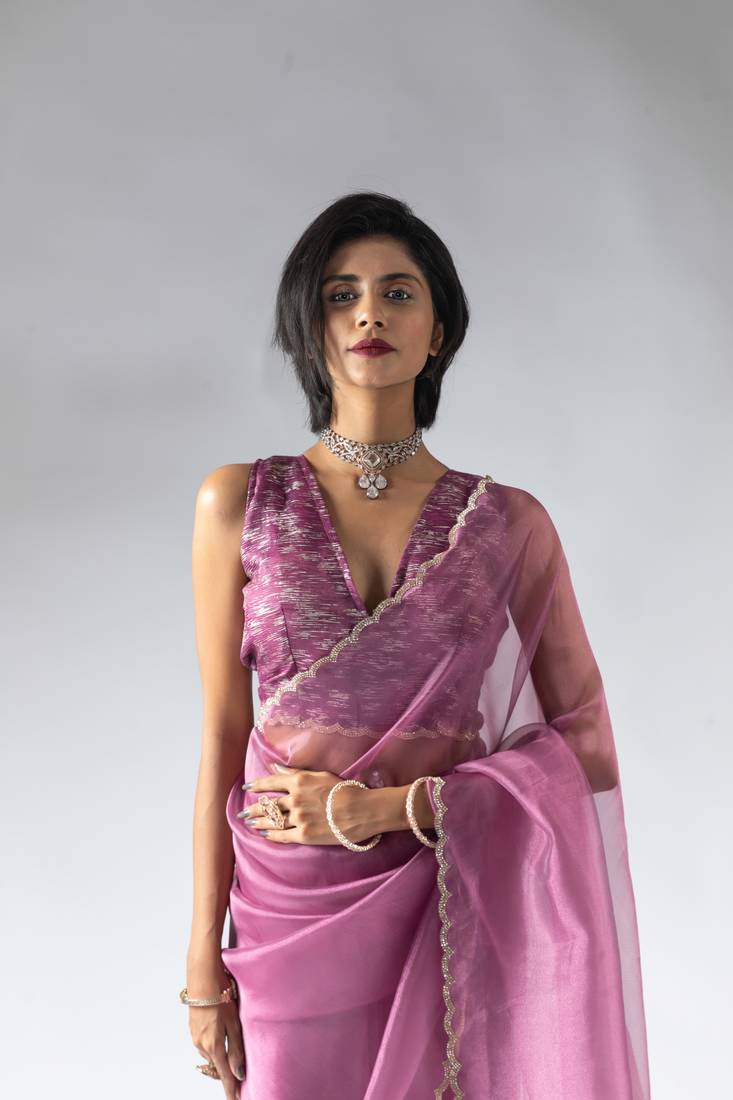 ready to wear magenta organza border cut and stone work saree with unstitch blouse