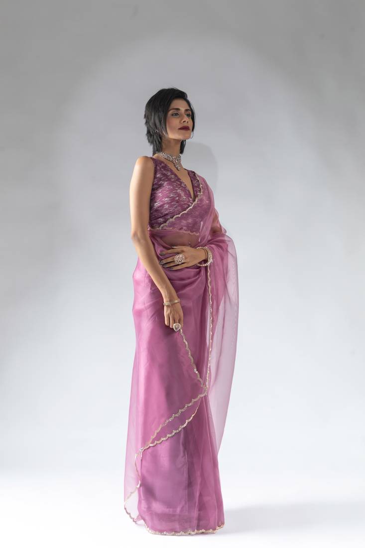 ready to wear magenta organza border cut and stone work saree with unstitch blouse