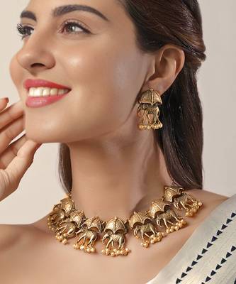 Antique gold plated  pearl south indian elephant motif choker necklace wedding party indian jewelry set 1