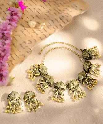 Antique gold plated  pearl south indian elephant motif choker necklace wedding party indian jewelry set 2