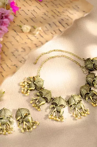 Antique gold plated  pearl south indian elephant motif choker necklace wedding party indian jewelry set