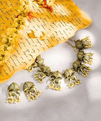 Antique gold plated  pearl south indian elephant motif choker necklace wedding party indian jewelry set 3