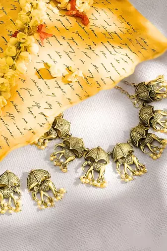 Antique gold plated  pearl south indian elephant motif choker necklace wedding party indian jewelry set