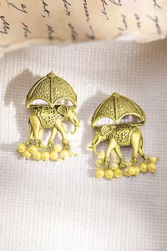 Antique gold plated  pearl south indian elephant motif choker necklace wedding party indian jewelry set