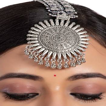Oxidized silver matha patti tikka | indian bridal forehead jewelry |  traditional maang tikka hair accessory 3