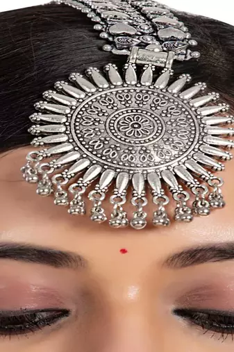 Oxidized silver matha patti tikka | indian bridal forehead jewelry |  traditional maang tikka hair accessory