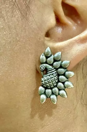Oxidised peacock stud earrings | indian earrings | ethnic traditional silver look alike replica earrings | antique studs