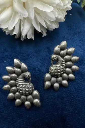 Oxidised peacock stud earrings | indian earrings | ethnic traditional silver look alike replica earrings | antique studs