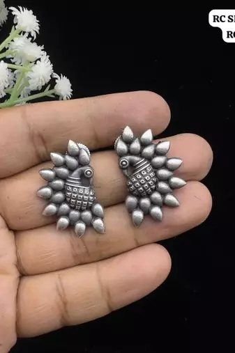 Oxidised peacock stud earrings | indian earrings | ethnic traditional silver look alike replica earrings | antique studs