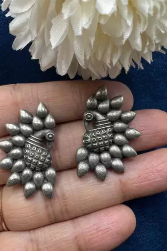 Oxidised peacock stud earrings | indian earrings | ethnic traditional silver look alike replica earrings | antique studs