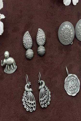 Set of 5 antique silver stud earrings, handmade german silver stud earrings, oxidised studs, earrings indian coin studs