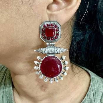 Red onyx stone earrings indian oxidised designer earrings silver look traditional dangler earrings wedding partywear 1
