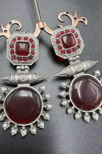 Red onyx stone earrings indian oxidised designer earrings silver look traditional dangler earrings wedding partywear