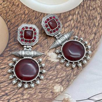 Red onyx stone earrings indian oxidised designer earrings silver look traditional dangler earrings wedding partywear 3