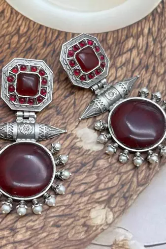 Red onyx stone earrings indian oxidised designer earrings silver look traditional dangler earrings wedding partywear
