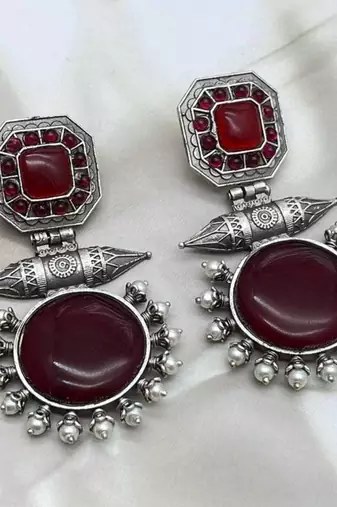 Red onyx stone earrings indian oxidised designer earrings silver look traditional dangler earrings wedding partywear