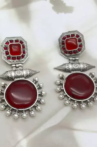 Red onyx stone earrings indian oxidised designer earrings silver look traditional dangler earrings wedding partywear