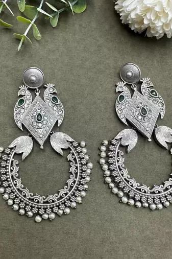 Silver peacock motif dangler earrings with blue stone silver replica half moon oxidised long antique partywear earrings