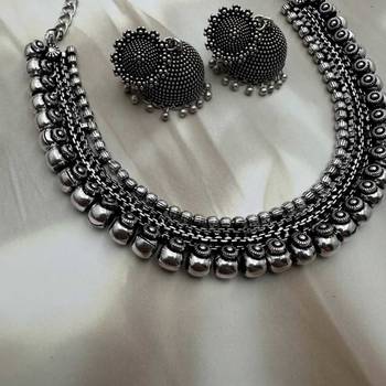Set of 4pc german silver oxidized choker necklace earrings handmade jewelry lightweight choker jewelry with bangles 2