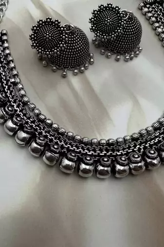 Set of 4pc german silver oxidized choker necklace earrings handmade jewelry lightweight choker jewelry with bangles