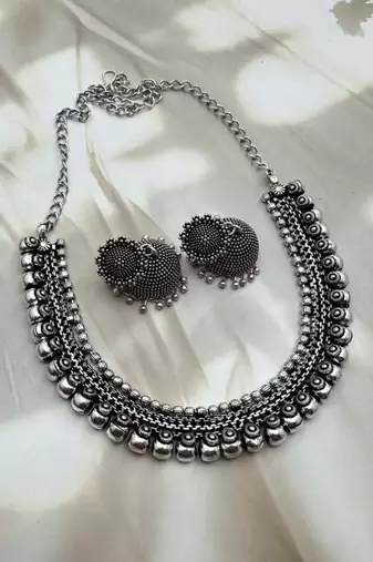 Set of 4pc german silver oxidized choker necklace earrings handmade jewelry lightweight choker jewelry with bangles
