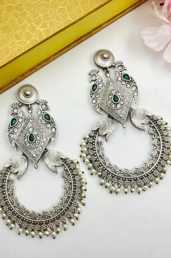 Silver peacock motif dangler earrings with blue stone silver replica half moon oxidised long antique partywear earrings