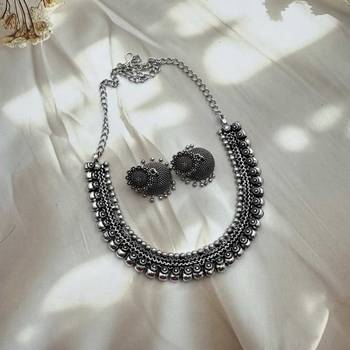 Set of 4pc german silver oxidized choker necklace earrings handmade jewelry lightweight choker jewelry with bangles 4