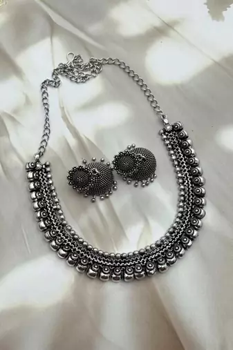 Set of 4pc german silver oxidized choker necklace earrings handmade jewelry lightweight choker jewelry with bangles