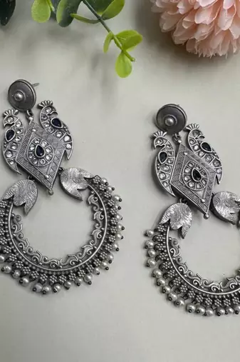 Silver peacock motif dangler earrings with blue stone silver replica half moon oxidised long antique partywear earrings