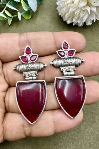 Style with monalisa stone earrings silver replica dangler stud earrings, turquoise and maroon color stylish ear studs