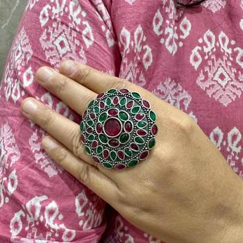 Multicolour statement rings cocktail finger ring red green color big rings silver plated, ethnic rings for her 1