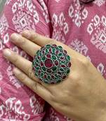 Multicolour statement rings cocktail finger ring red green color big rings silver plated, ethnic rings for her