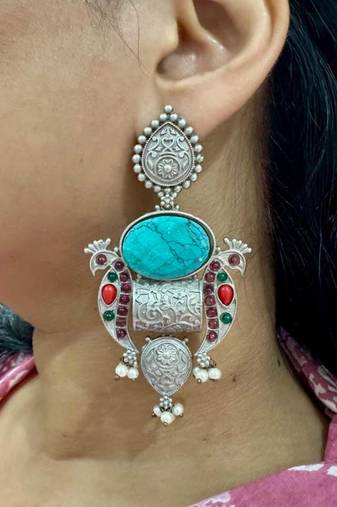 Monalisa stone handmade designer earrings turquoise mint pink earrings long silver stone peal dangler earrings for women