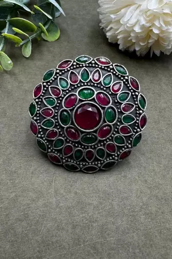 Multicolour statement rings cocktail finger ring red green color big rings silver plated, ethnic rings for her