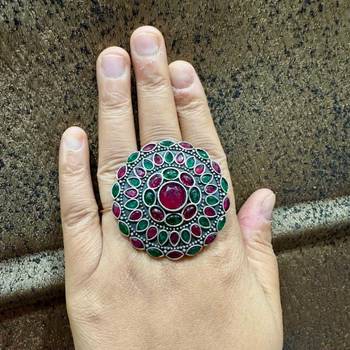 Multicolour statement rings cocktail finger ring red green color big rings silver plated, ethnic rings for her 3