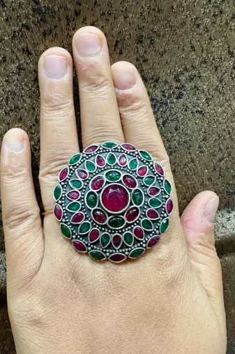 Multicolour statement rings cocktail finger ring red green color big rings silver plated, ethnic rings for her