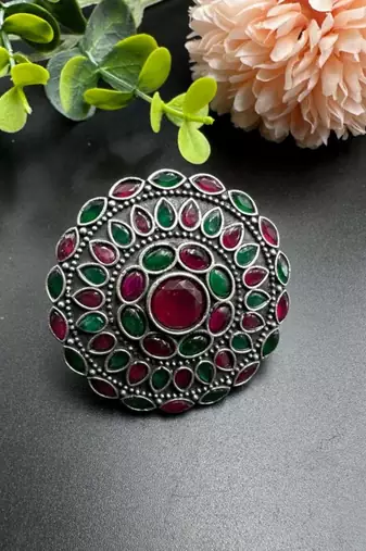 Multicolour statement rings cocktail finger ring red green color big rings silver plated, ethnic rings for her