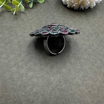 Multicolour statement rings cocktail finger ring red green color big rings silver plated, ethnic rings for her 5