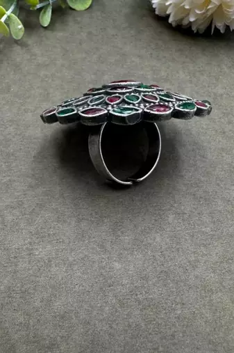 Multicolour statement rings cocktail finger ring red green color big rings silver plated, ethnic rings for her