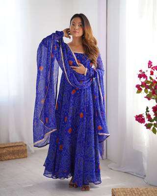 Designer Pure Soft Lightweight Chiffon Bandhej Fully Flair Gown, With Dupatta Pent 1