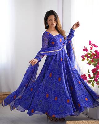Designer Pure Soft Lightweight Chiffon Bandhej Fully Flair Gown, With Dupatta Pent 2