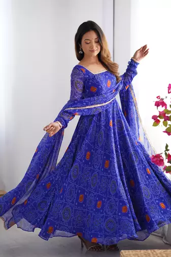 Designer Pure Soft Lightweight Chiffon Bandhej Fully Flair Gown, With Dupatta Pent