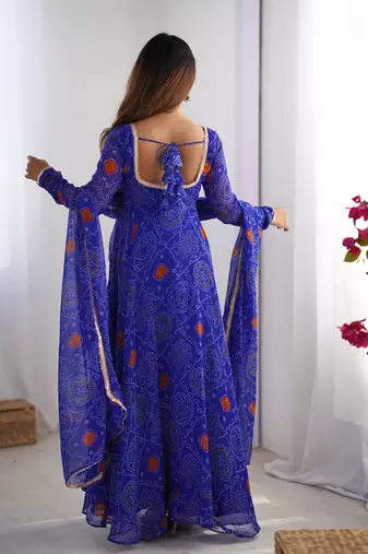 Designer Pure Soft Lightweight Chiffon Bandhej Fully Flair Gown, With Dupatta Pent