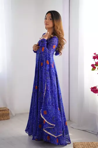 Designer Pure Soft Lightweight Chiffon Bandhej Fully Flair Gown, With Dupatta Pent