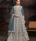 Slate grey embroidered net anarkali suits