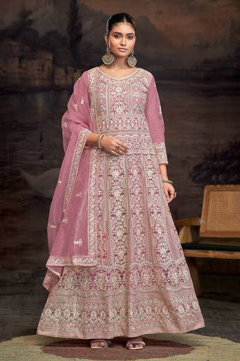 Pink embroidered net anarkali suits