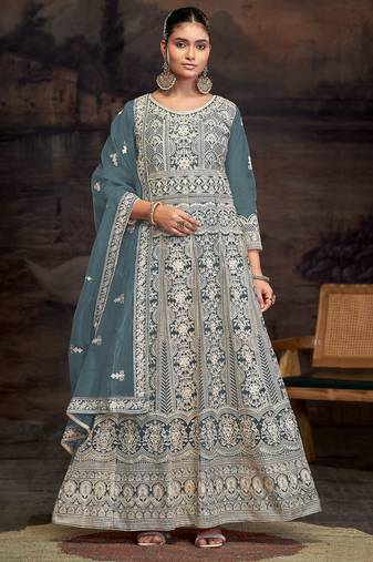 Grey embroidered net anarkali suits