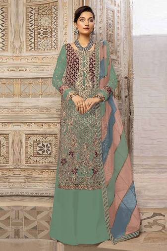 Pista green embroidery sequence work fox georgette salwar kameez