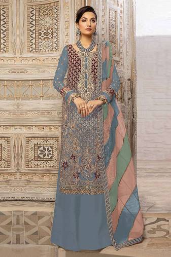 Grey embroidery sequence work fox georgette salwar kameez