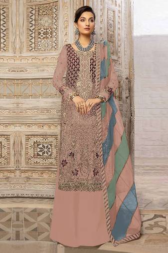 Peach embroidery sequence work fox georgette salwar kameez